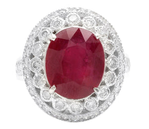 7.10 Carats Red Ruby and Diamond 14K Solid White Gold Ring