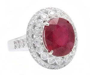 7.10 Carats Red Ruby and Diamond 14K Solid White Gold Ring