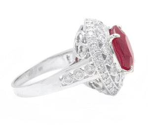 7.10 Carats Red Ruby and Diamond 14K Solid White Gold Ring