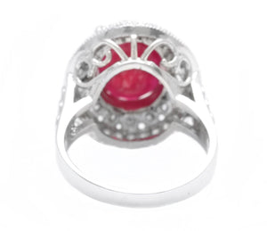 7.10 Carats Red Ruby and Diamond 14K Solid White Gold Ring