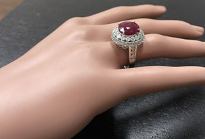 7.10 Carats Red Ruby and Diamond 14K Solid White Gold Ring