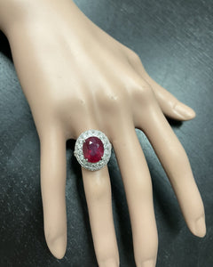 7.10 Carats Red Ruby and Diamond 14K Solid White Gold Ring