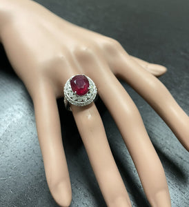 7.10 Carats Red Ruby and Diamond 14K Solid White Gold Ring