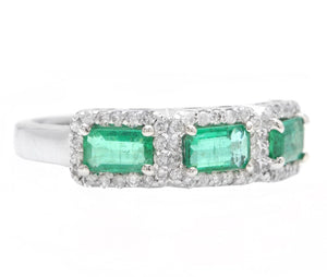 1.20 Carats Natural Emerald and Diamond 14K Solid White Gold Ring
