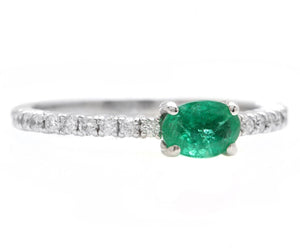 0.70 Carats Natural Emerald and Diamond 14K Solid White Gold Ring