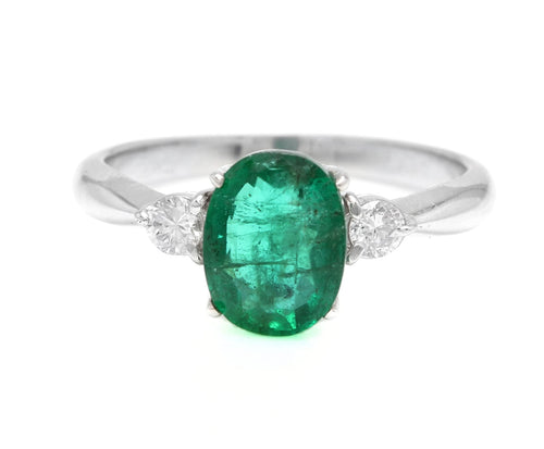 1.24 Carats Exquisite Emerald and Diamond 14K Solid White Gold Ring