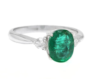 1.24 Carats Exquisite Emerald and Diamond 14K Solid White Gold Ring