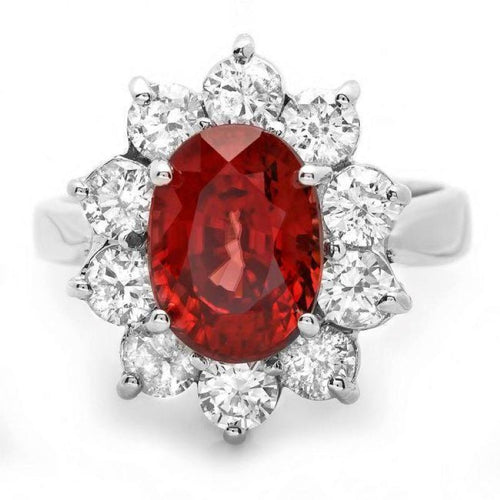 7.10 Carats Natural Red Zircon and Diamond 14K Solid White Gold Ring