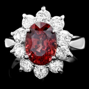 7.10 Carats Natural Red Zircon and Diamond 14K Solid White Gold Ring