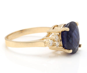 4.45 Ct Exquisite Natural Blue Sapphire and Diamond 14K Solid Yellow Gold Ring