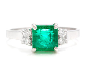 1.44 Carats Natural Emerald and Diamond 14K Solid White Gold Ring