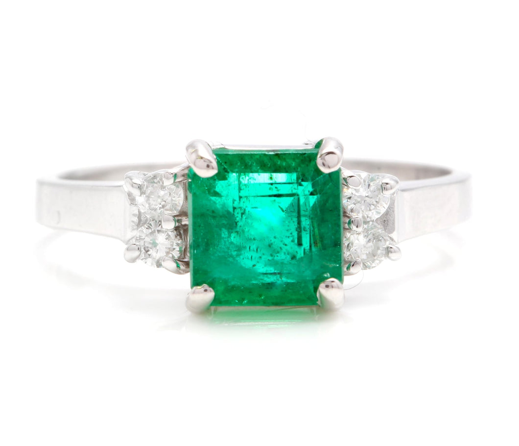 1.44 Carats Natural Emerald and Diamond 14K Solid White Gold Ring