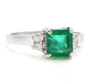 1.44 Carats Natural Emerald and Diamond 14K Solid White Gold Ring
