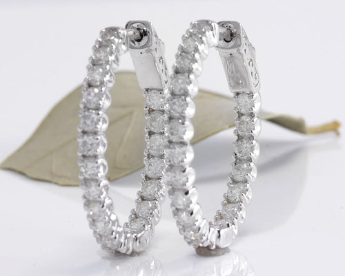 Exquisite 2.15 Carats Natural Diamond 14K Solid White Gold Hoop Earrings