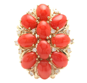 6.75 Carats Natural Impressive Coral and Diamond 14K Solid Yellow Gold Ring