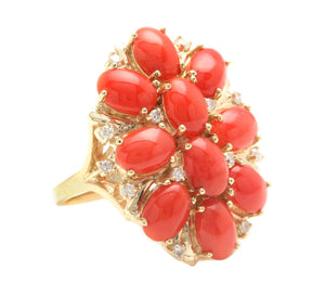 6.75 Carats Natural Impressive Coral and Diamond 14K Solid Yellow Gold Ring