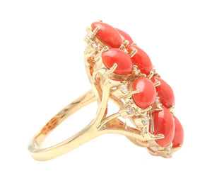 6.75 Carats Natural Impressive Coral and Diamond 14K Solid Yellow Gold Ring