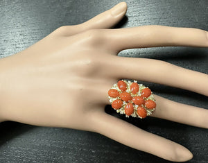 6.75 Carats Natural Impressive Coral and Diamond 14K Solid Yellow Gold Ring