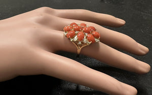 6.75 Carats Natural Impressive Coral and Diamond 14K Solid Yellow Gold Ring
