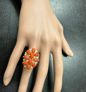 6.75 Carats Natural Impressive Coral and Diamond 14K Solid Yellow Gold Ring