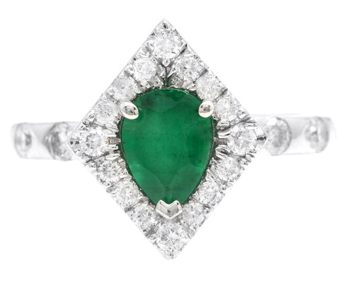 1.30 Carats Natural Emerald and Diamond 14K Solid White Gold Ring