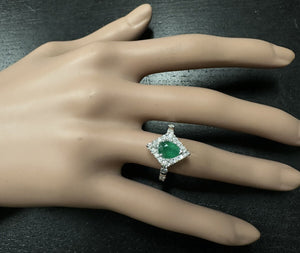 1.30 Carats Natural Emerald and Diamond 14K Solid White Gold Ring