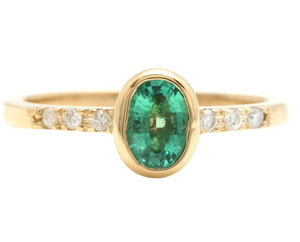 Stunning Natural Emerald and Diamond 14K Solid Yellow Gold Ring