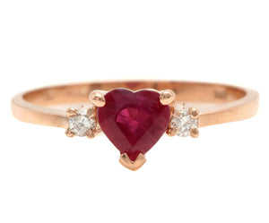 Natural Burma Ruby and Diamond 14K Solid Rose Gold Heart Ring