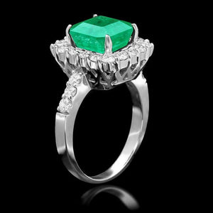 4.60 Carats Natural Emerald and Diamond 14K Solid White Gold Ring