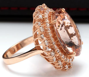 17.00 Carats Exquisite Natural Morganite and Diamond 14K Solid Rose Gold Ring