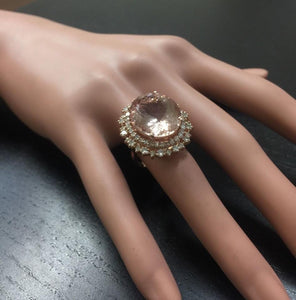17.00 Carats Exquisite Natural Morganite and Diamond 14K Solid Rose Gold Ring