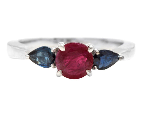 1.10 Carats Exquisite Natural Ruby & Sapphire 14K Solid White Gold Ring