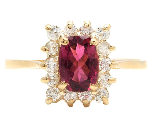 0.75 Carats Natural Very Nice Looking Tourmaline and Diamond 14K Solid Yellow Gold Ring