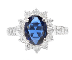 3.00 Carats Exquisite Natural Blue Sapphire and Diamond 14K Solid White Gold Ring