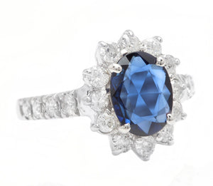 3.00 Carats Exquisite Natural Blue Sapphire and Diamond 14K Solid White Gold Ring