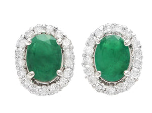 3.05 Carats Natural Emerald and Diamond 14K Solid White Gold Earrings
