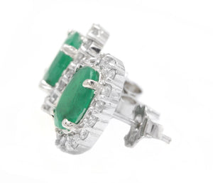3.05 Carats Natural Emerald and Diamond 14K Solid White Gold Earrings