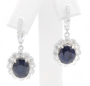 Exquisite 12.30 Carats Natural Sapphire and Diamond 14K Solid White Gold Earrings