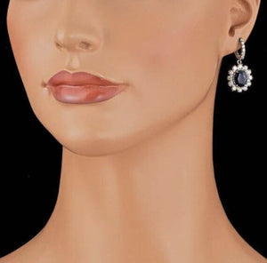 Exquisite 12.30 Carats Natural Sapphire and Diamond 14K Solid White Gold Earrings