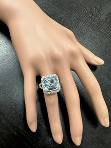 9.50 Carats Natural Aquamarine and Diamond 14K Solid White Gold Ring