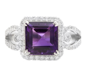 3.60 Carats Natural Amethyst and Diamond 14K Solid White Gold Ring
