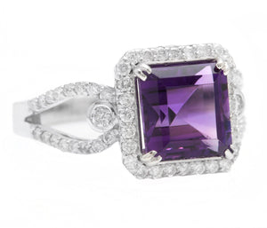 3.60 Carats Natural Amethyst and Diamond 14K Solid White Gold Ring
