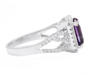 3.60 Carats Natural Amethyst and Diamond 14K Solid White Gold Ring