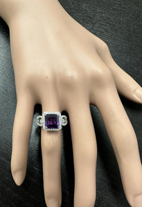 3.60 Carats Natural Amethyst and Diamond 14K Solid White Gold Ring
