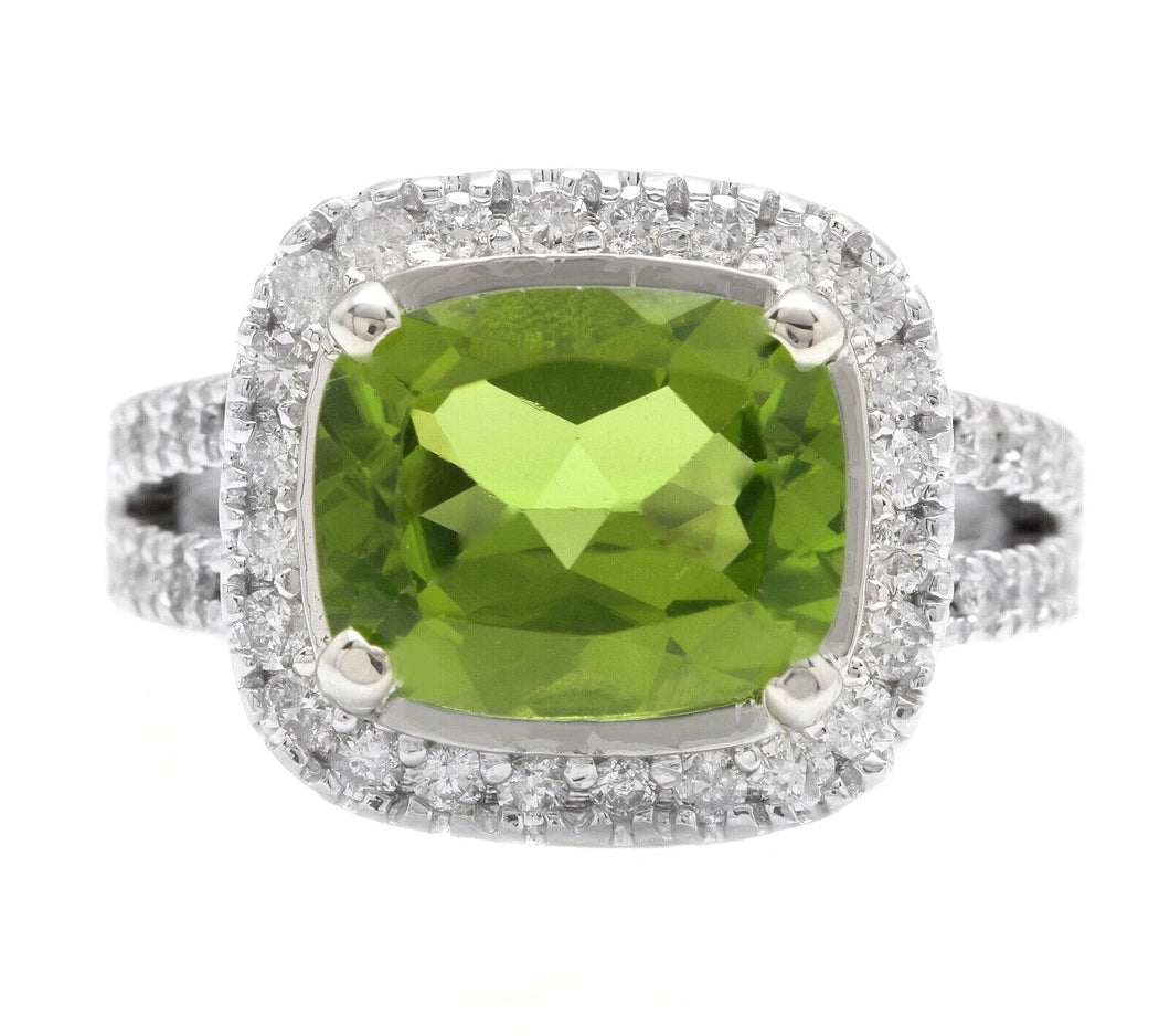 5.30 Carats Natural Very Nice Looking Peridot and Diamond 14K Solid White Gold Ring