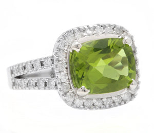 5.30 Carats Natural Very Nice Looking Peridot and Diamond 14K Solid White Gold Ring