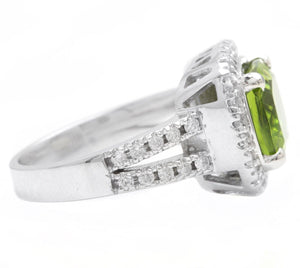 5.30 Carats Natural Very Nice Looking Peridot and Diamond 14K Solid White Gold Ring
