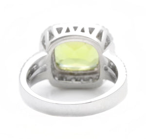 5.30 Carats Natural Very Nice Looking Peridot and Diamond 14K Solid White Gold Ring