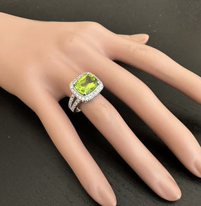 5.30 Carats Natural Very Nice Looking Peridot and Diamond 14K Solid White Gold Ring