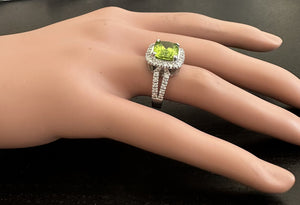 5.30 Carats Natural Very Nice Looking Peridot and Diamond 14K Solid White Gold Ring